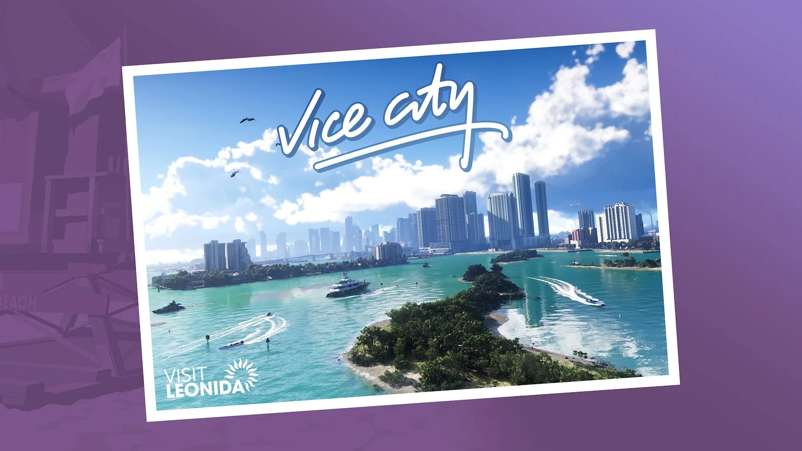 Illustrated Vice City postcard with a turquoise bay and palm-lined skyline
